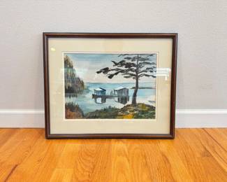 70 FramedCoastalWatercolorLandscapeBoatsTreesSigned