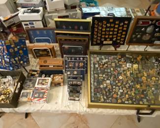 Pins, including collections like Thailand, police, Olympic pin sets, Coca-Cola, sports related, and a variety of others