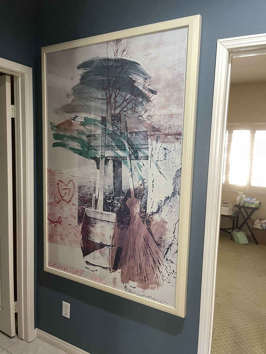Hand Signed Robert Rauschenberg Print Robert Rauschenberg (American, 1925-2008),"Earth Day," 1990, color silkscreen and color pochoir on wove paper, pencil signed, dated, and editioned  lower right,published by Gemini G.E.L. Los Angeles, CA, sheet: 64.25"h x 42.75"w, overall (with frame): 67"h x 45.5"w