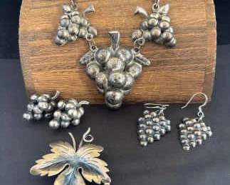 Mexico Silver Grape Cluster Necklace And Earrings And Taxco Sterling Brooch