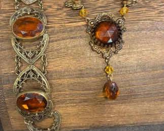 Filigree And Amber Glass Bracelet And Necklace