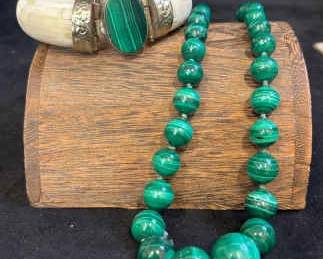 Malachite Beaded Necklace And Bone Cuff Bracelet With Malachite Center Stone