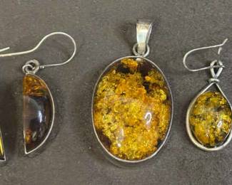 Sterling And Amber Pendant And Earrings