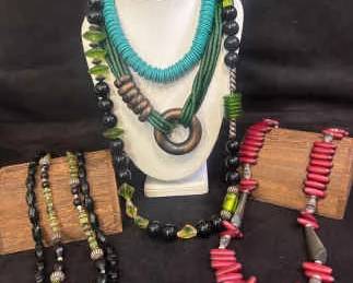 Wood Glass Button Beaded Necklaces