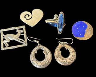Vintage Mexico Sterling Carved Blue Glass Earrings And Other Sterling Brooches And Earrings
