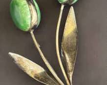 Vintage Mexico Silver And Green Agate Flower Brooch