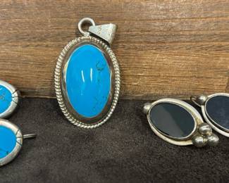 Taxco Sterling 925 Onyx And Turquoise Double Sided Pendant