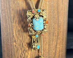 Vintage Gold Tone With Blue And Amber Stones LariatBolo