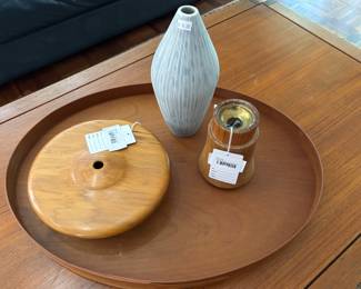 Kauri Turned Wood Vase, Wooden Tray, Dansk Wood Candlestick