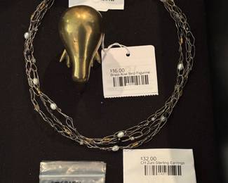 Vtg Sterling & Pearl Necklace, Brass Kiwi Bird Figurine, CH Zuni Sterling Earrings, Sterling Earrings