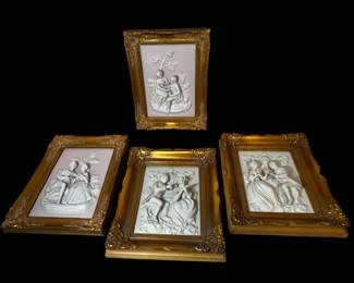 Alt Meissen Porcelain Wall Plaques In Deep Gold Wooden Frames