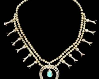 Squash Blossom Native Sterling Silver And Turquoise Beaded Horseshoe Necklace 126g