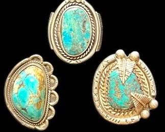 3 Native Sterling And Turquoise Rings 43.36g