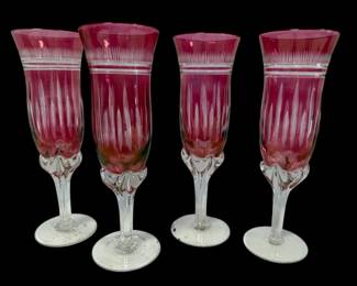 Four Crystal Cranberry Champagne Glasses 