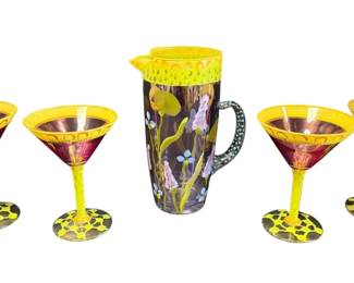 Fiasco Hand painted Pitcher, Martini Glasses 
