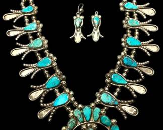 Native Sterling Squash Blossom Turquoise Necklace Earring Set 234g