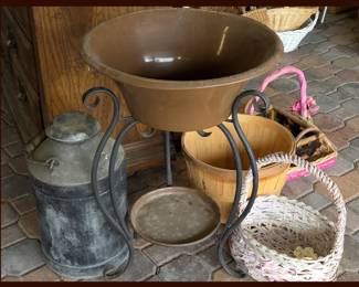 Lots of Baskets, Old Milk Jug and Planter with Stand 
