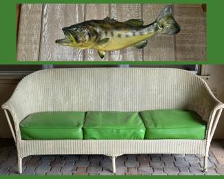 Vintage Wicker and Metal Sofa and Old Fish Mount