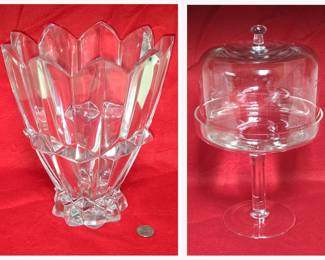Large Thick Heavy Glass Vase and Elegant Glass Covered Cake Stand