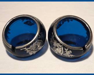 Pair of Silver Overlay Cobalt Glass Mid Century Modern Ashtrays