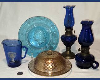 Shirley Temple Creamer, George Washington Plate, 2 Cobalt Blue Lamps and Depression Glass Cheese Dish