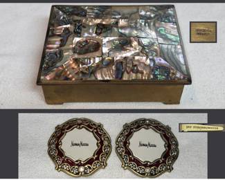Abalone and Brass Box Made in Mexico and Jay Strongwater Mini Frames