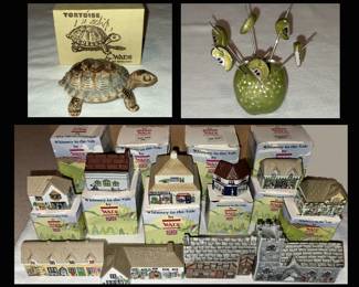Wade Turtle and Wade Villages with Original Boxes and Small Metal Apple Pick Holder and Picks 