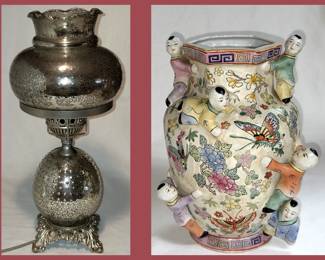 Mercury Glass Style Lamp and Asian Inspired Fertility Vase