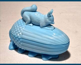 Portieux Vallerysthal Blue Milk Glass Squirrel on Acorn Dish