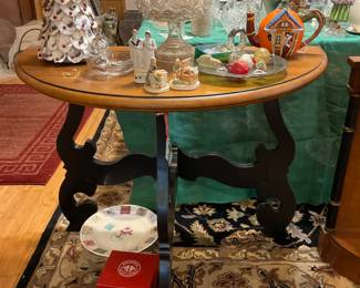 Wooden Half moon table with vintage items galore 