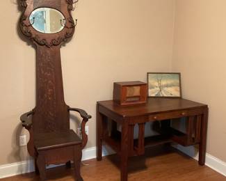 Gorgeous early 20th century Victorian style hall tree and seat, carved oak with hooks and oval mirror 
