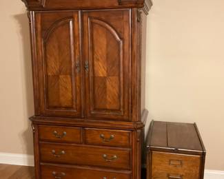 Use as Wardrobe or TV cabinet,  also shown,  two drawer wooden file cabinet