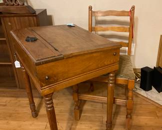 Vintage school desk with a lift top in great condition and old wooden chair 