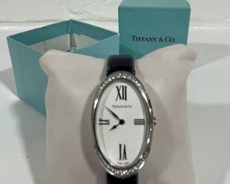 Tiffany & Co Diamond and Sterling Silver Ladies Cocktail Watch Black Leather Band