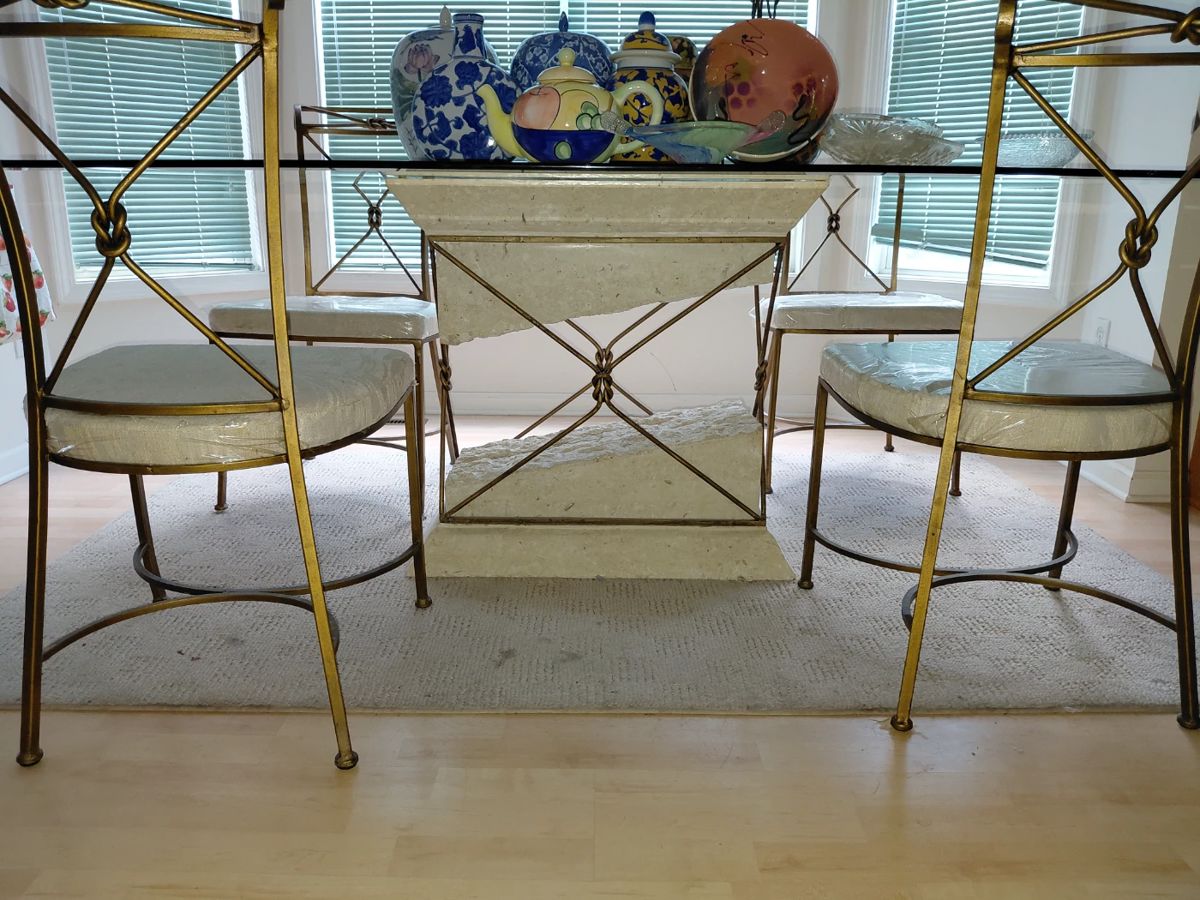 Travertine Stone Wrought Iron Suspended Glass Top Dining Room Table