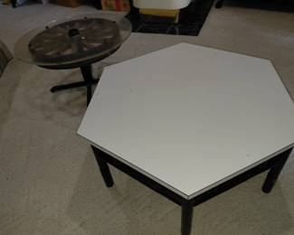 C- 36  in.   H- 16 in.  Hexagon wood white top coffee table with black bamboo legs. 