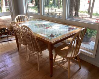 L- 63  in.    W-  39 in.     H-  31 in. Wood and tile top dining table with 4 matching wood chairs and 1 wood bench.