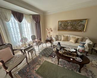 French hand made chairs, with matching sofas , oriental silk hand made rungs,