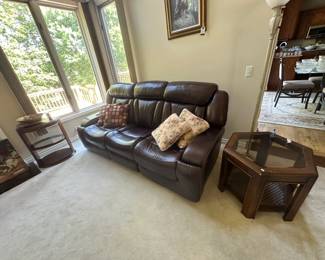 powered reclining leather couch (3 piece set), end tables, Icons, lamps