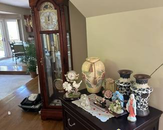 Grandfather clock, porcelain and pottery from around the world, mahogany filing cabinet