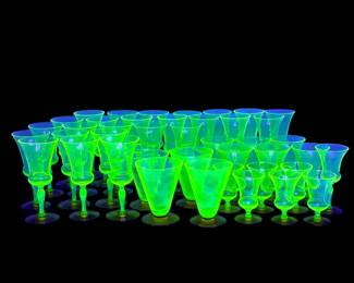 (41pc) Uranium/Amber Glass Cordials & Wine Glasses