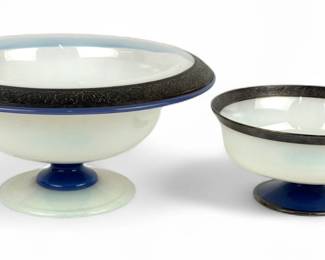 (2pc) Fry Foval Silver Overlay Delft Blue Opalescent Bowls