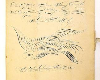 Penmanship copy book with calligraphic drawing and Mack provenance, 1843