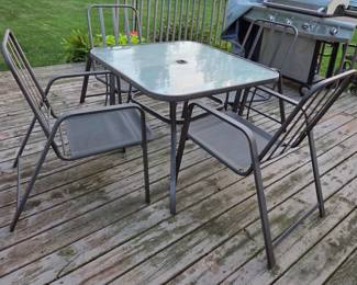 Outdoor table and chairs, metal, glass top table