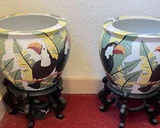 AAA195 - Pair of Glazed Pottery Planters with Wood Stands - Toucan Motif