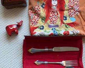 AAA262- Vintage Kabuki Silk Scarf, Lacquer Box, Animal Figure & Silverware 