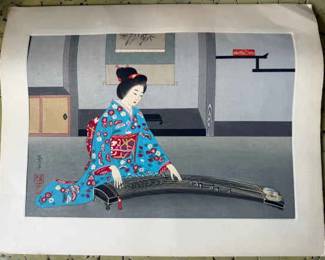 AAA096 Keiko Yurimoto "Woman Playing Koto" Woodblock Print