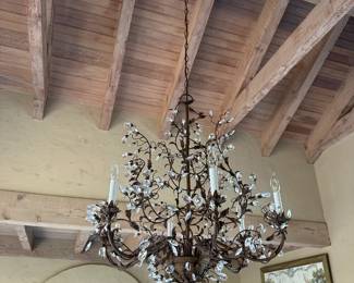 Crystal and oxidized tole floral chandelier.