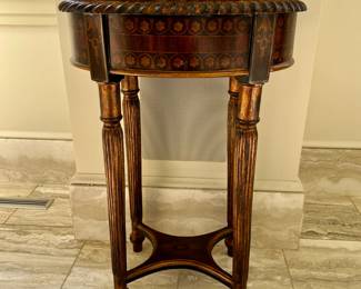 Continental oval fruitwood and marquetry side table (modern).