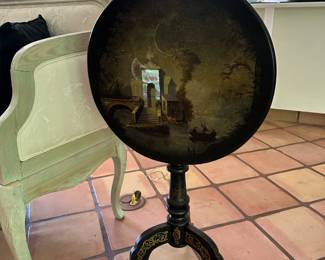 Venetian landscape painted on an ebonized papier-mâché round tripod occasional tilt-top table, inlaid with mother-of-pearl.